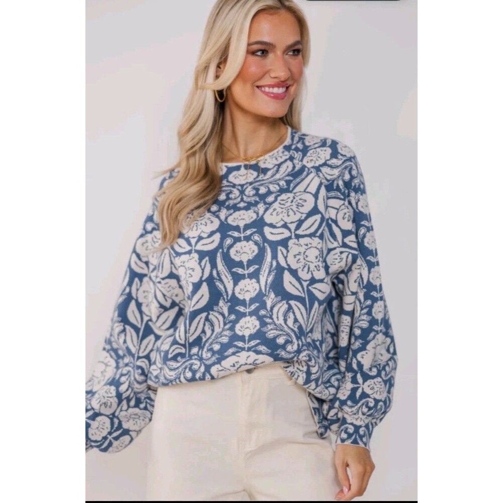 Shop the Mint Sweater Floral Blue White Long Balloon Sleeve Size M
